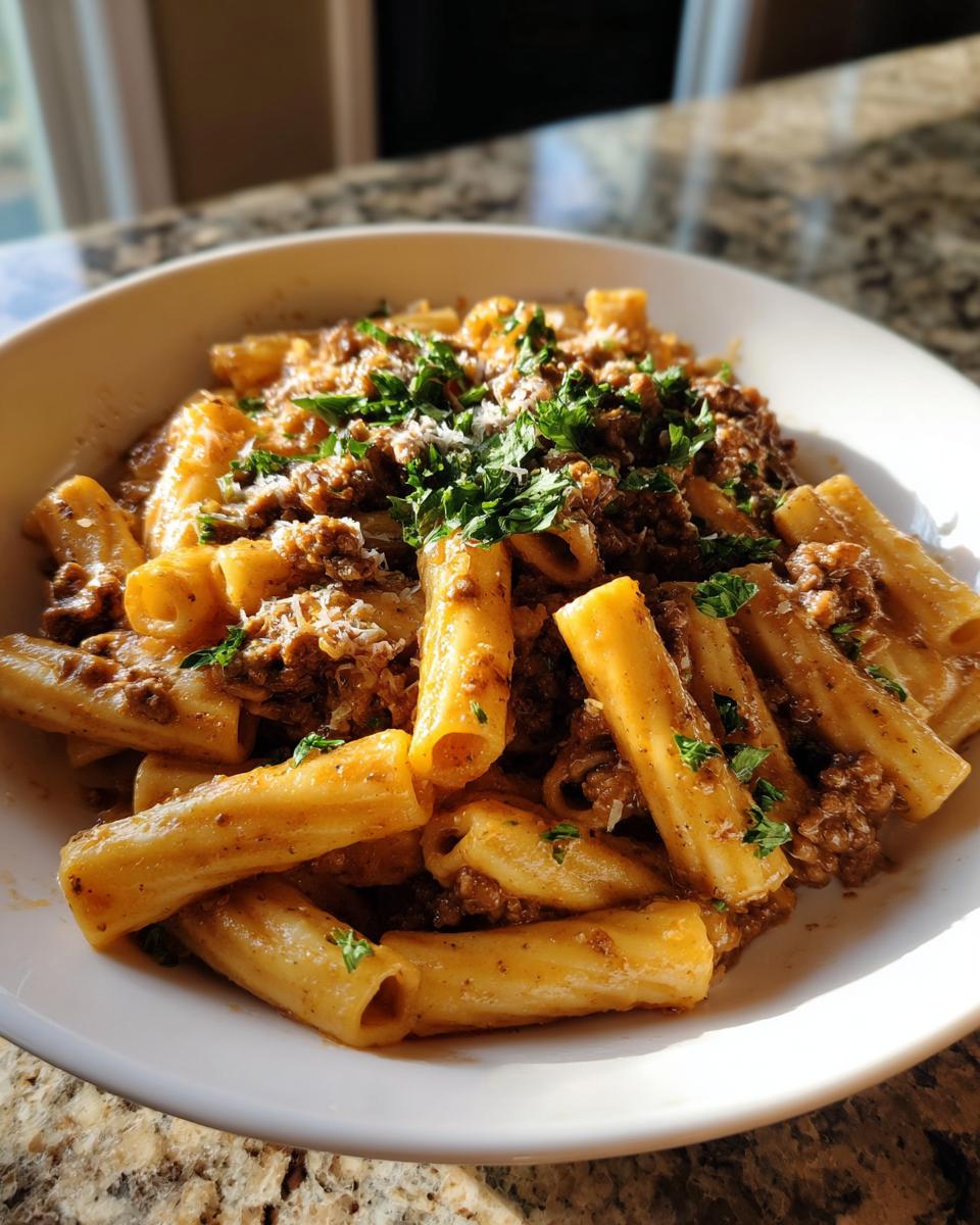 A close-up of creamy beef pasta featuring rigatoni tubes coated in a rich sauce and topped with fresh parsley.