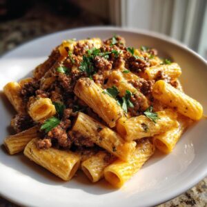 A close-up of creamy beef pasta made with rigatoni, topped with ground meat sauce and fresh parsley garnish.