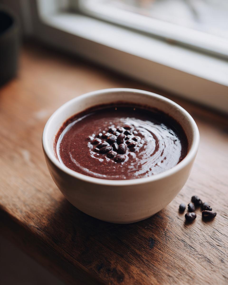 A small, light-colored bowl filled with thick, dark black bean soup, garnished with whole beans.