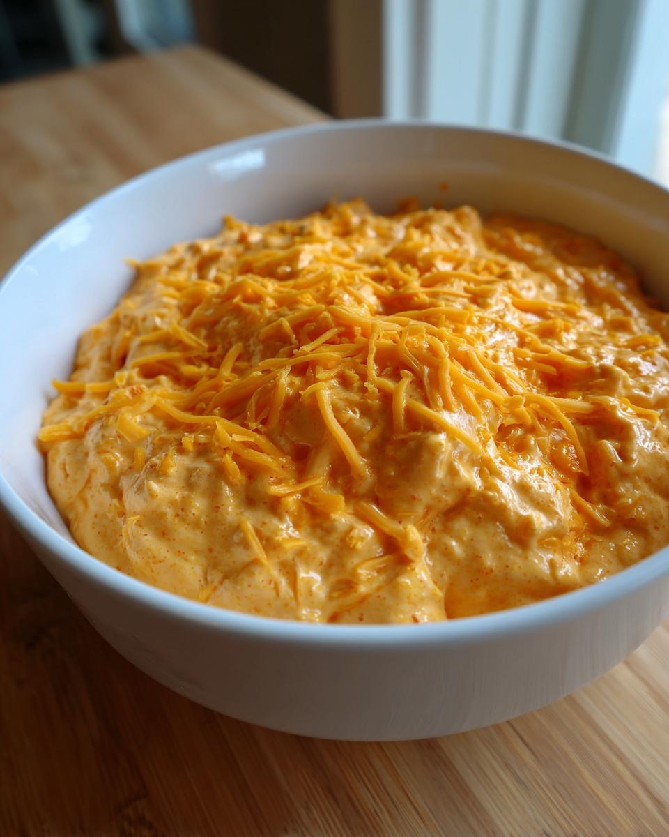 Close-up of a white bowl filled with creamy, orange-colored boat dip, generously topped with shredded cheddar cheese.