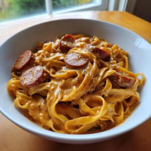 A close-up of creamy cajun sausage pasta featuring fettuccine noodles and sliced andouille sausage in a white bowl.