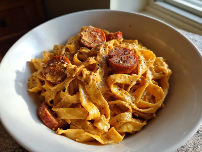 Close-up of creamy cajun sausage pasta with wide noodles and sliced sausage, seasoned with black pepper.