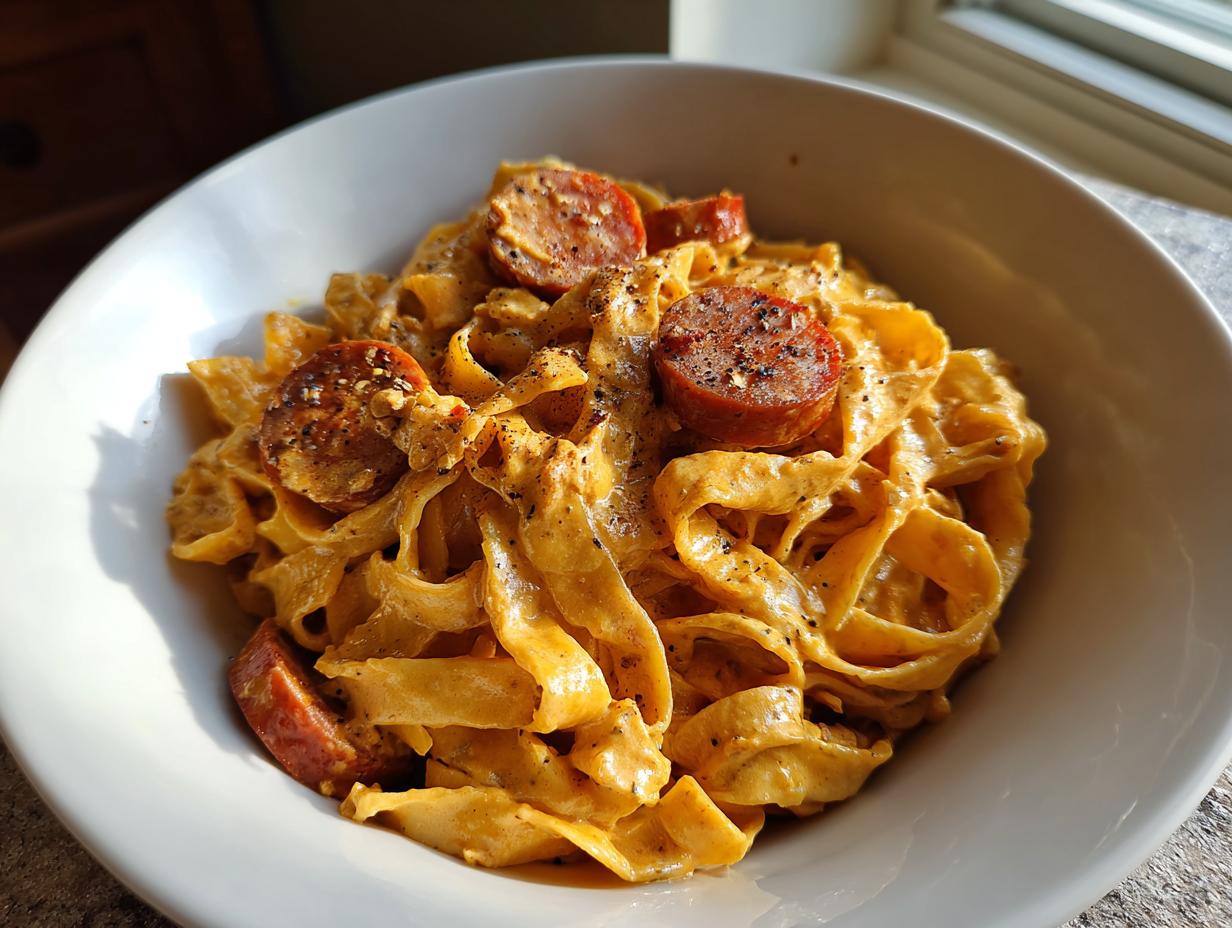 Close-up of creamy cajun sausage pasta with wide noodles and sliced sausage, seasoned with black pepper.