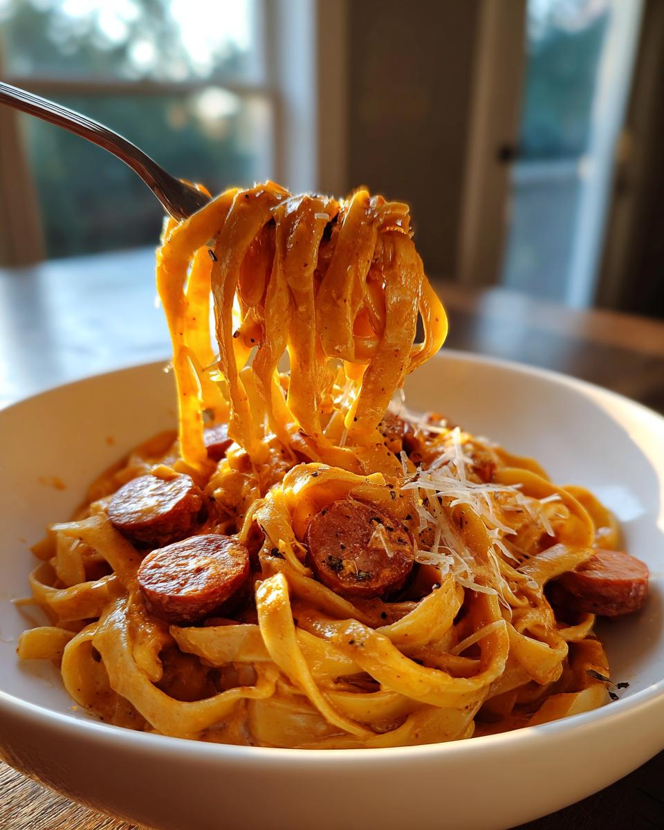 A fork lifts creamy fettuccine noodles coated in sauce and mixed with sliced cajun sausage pasta, topped with Parmesan cheese.