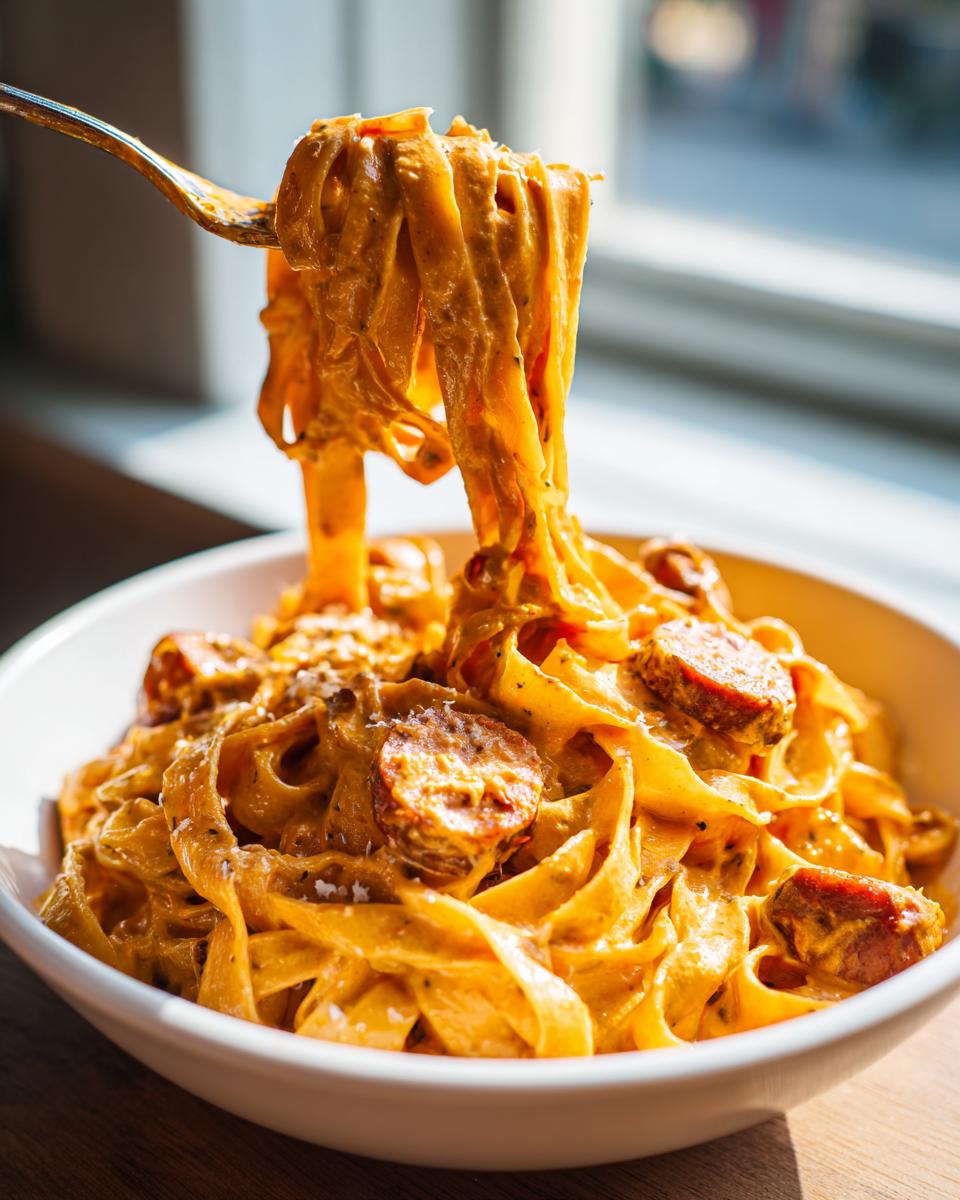 A fork lifting creamy fettuccine noodles coated in sauce from a bowl of cajun sausage pasta with sliced sausage.