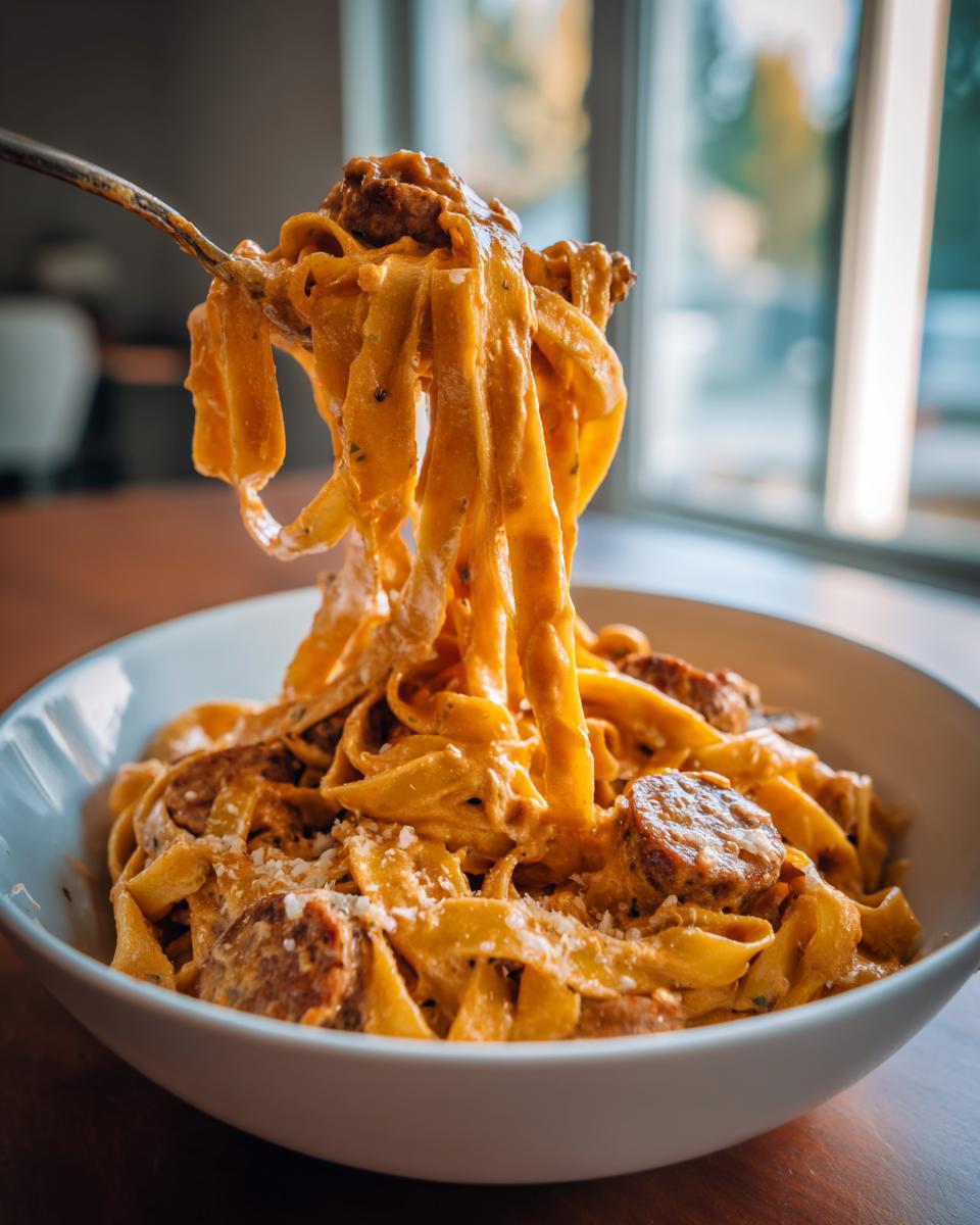 A fork lifts creamy fettuccine noodles and slices of sausage from a bowl of cajun sausage pasta.