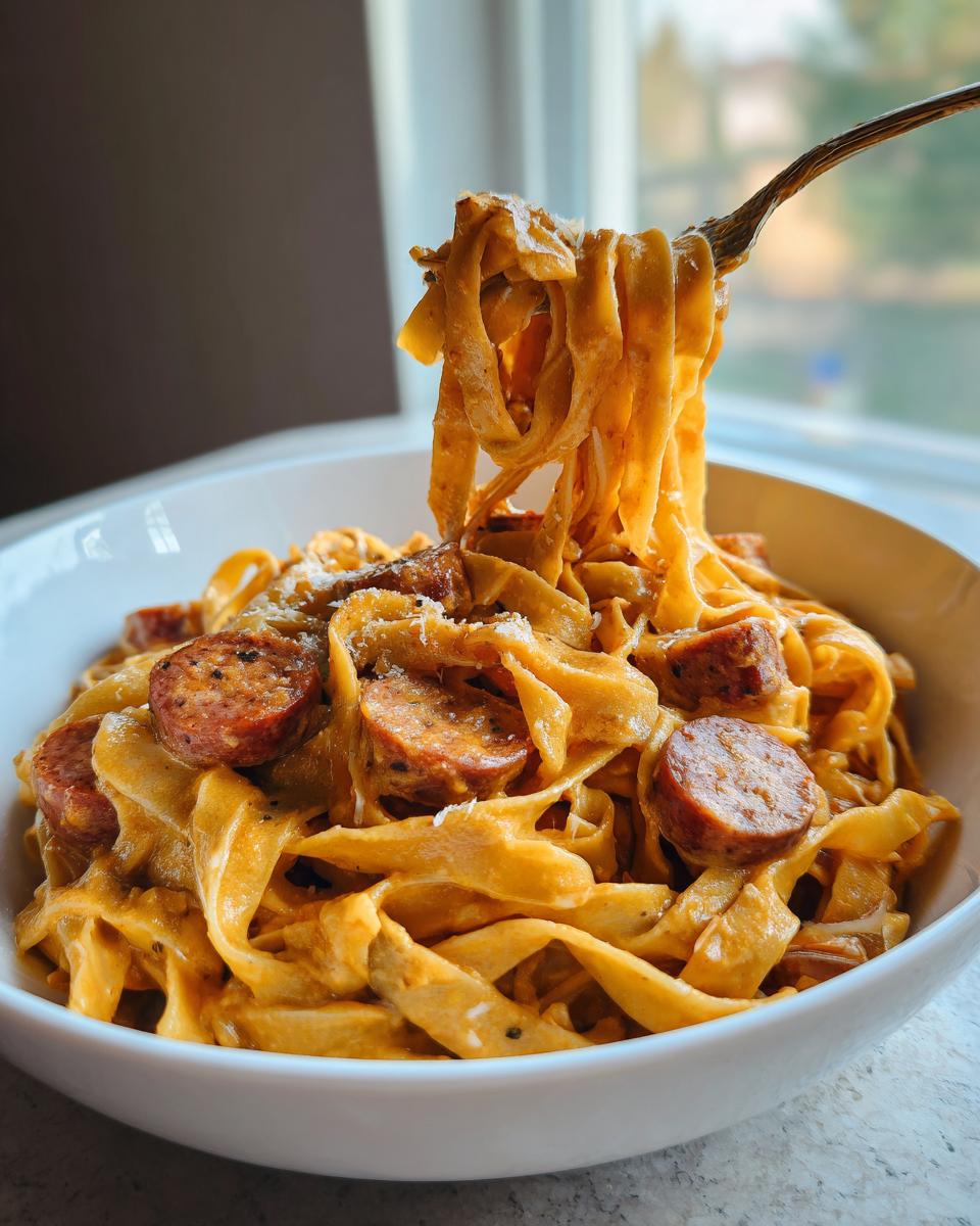 A fork lifting fettuccine noodles coated in creamy sauce and slices of sausage from a bowl of cajun sausage pasta.