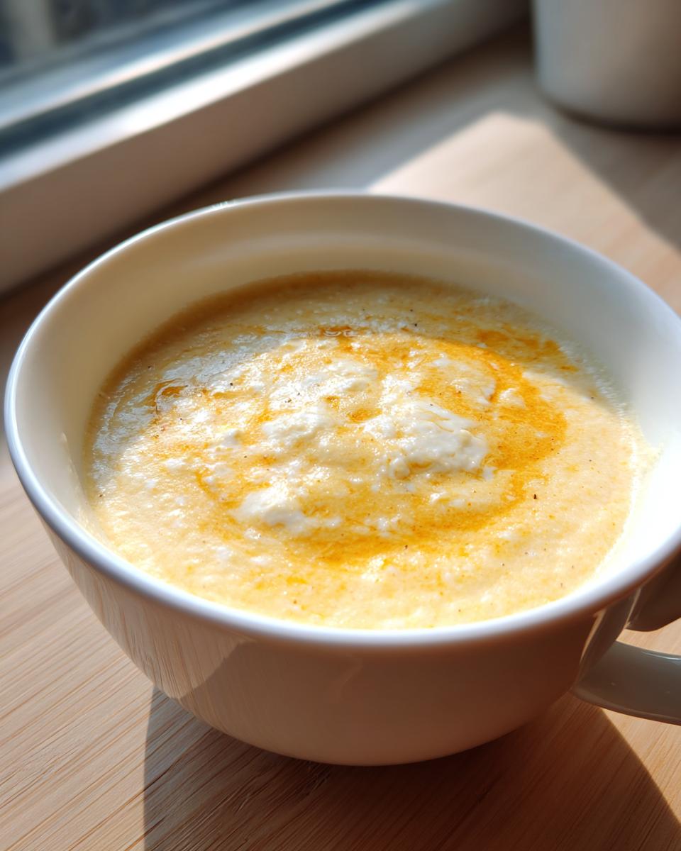 A close-up of creamy cauliflower soup topped with a swirl of cream and paprika in a white mug.