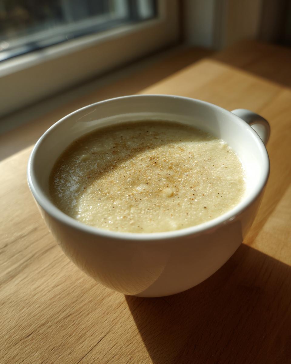 A creamy bowl of cauliflower soup, lightly dusted with spice, served in a white mug by a sunny window.