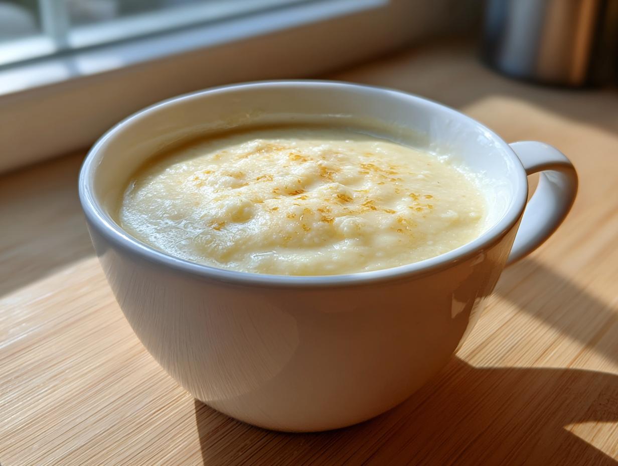 A close-up of thick, creamy cauliflower soup garnished with zest in a white mug on a wooden surface.