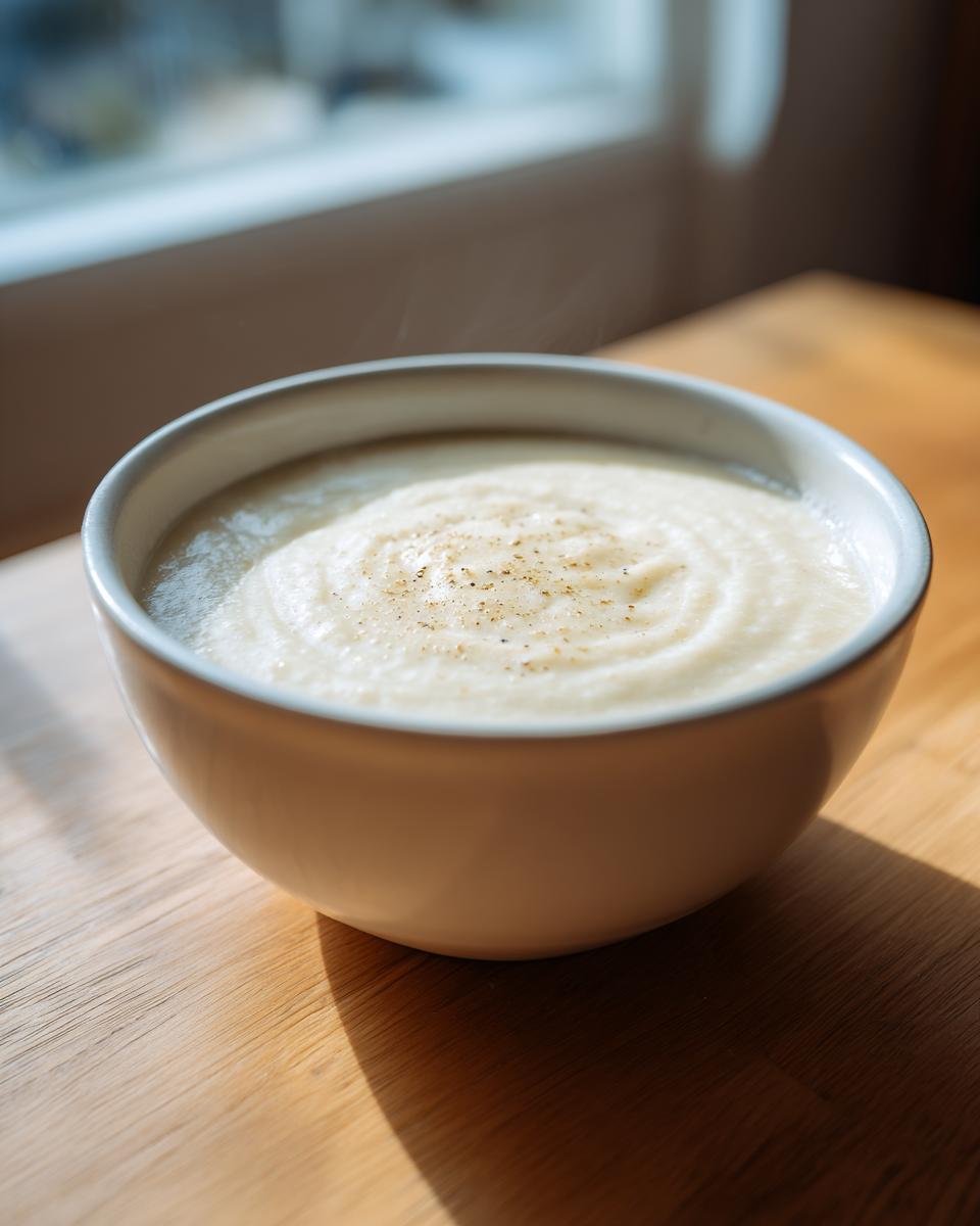 A close-up of a steaming bowl of creamy cauliflower soup, garnished with freshly cracked black pepper, sitting on a wooden table.