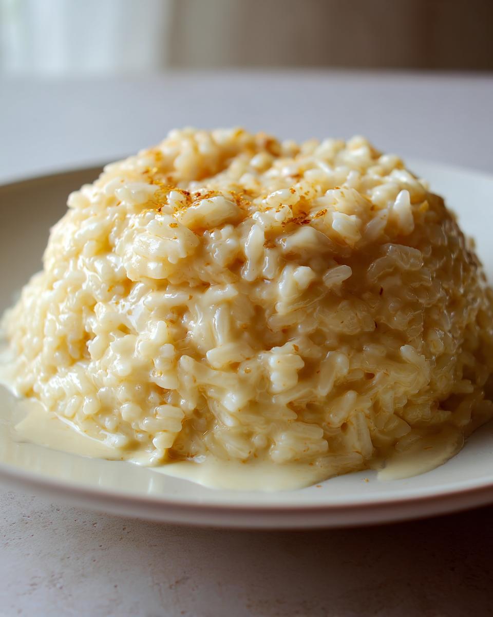 A close-up of a perfectly molded serving of creamy, cheesy rice, lightly sprinkled with seasoning.