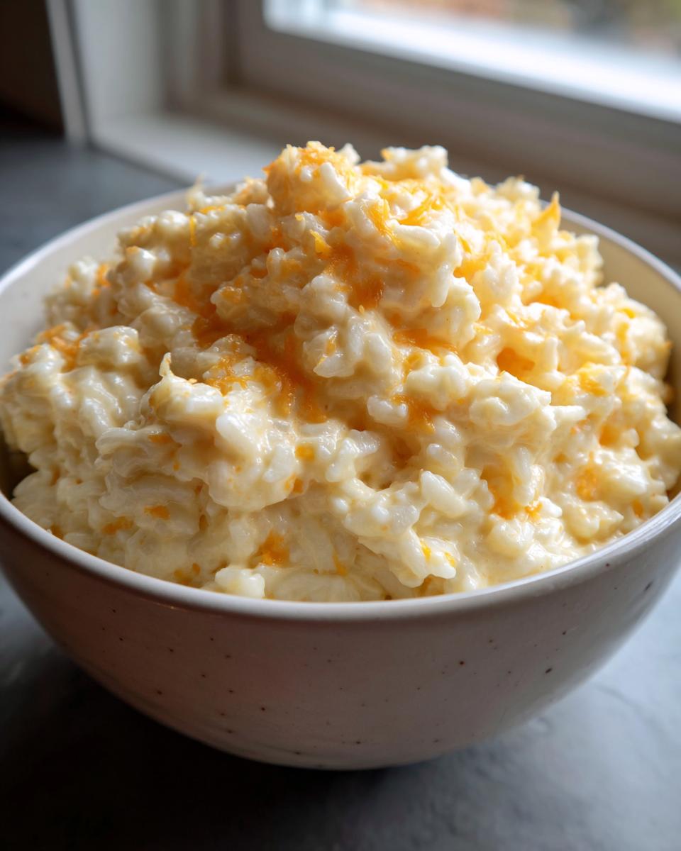A close-up of creamy, white cheesy rice topped with shredded cheddar cheese in a speckled white bowl.