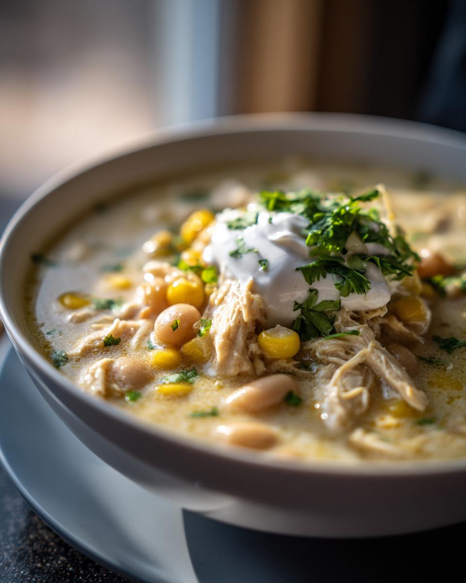 Close-up of a bowl of creamy white chicken chili recipe, topped with sour cream and fresh cilantro.