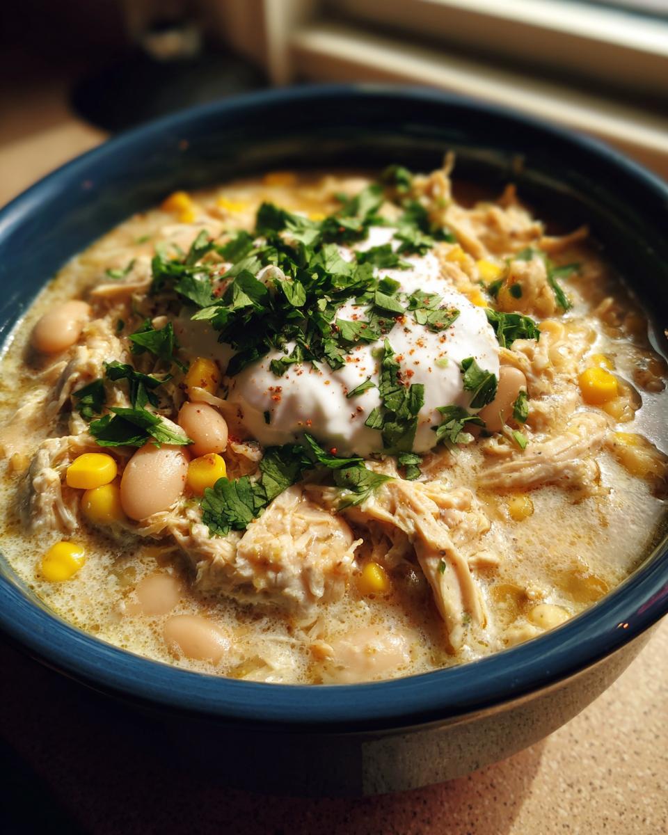A close-up of a hearty bowl of white chicken chili recipe, topped with sour cream, cilantro, and spices.