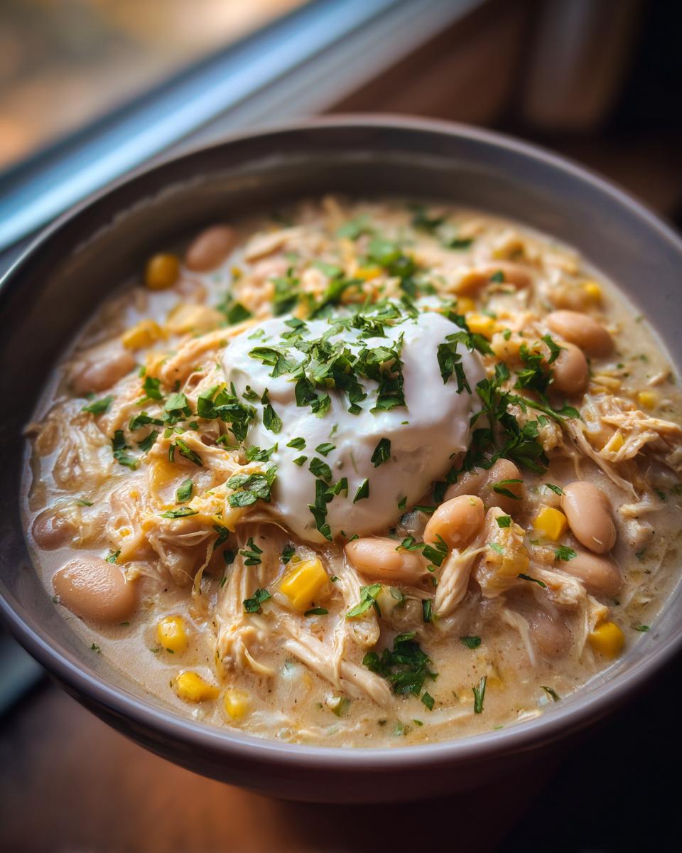 A close-up of a bowl of creamy white chicken chili recipe, featuring shredded chicken, white beans, corn, and topped with sour cream and parsley.
