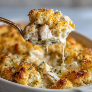 A spoonful of creamy chicken cobbler, showing shredded chicken and cheesy biscuit topping being lifted from the casserole dish.