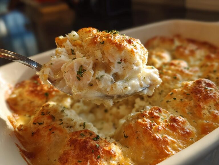 A spoonful of creamy chicken cobbler lifted from a baking dish, showing shredded chicken and biscuit topping.