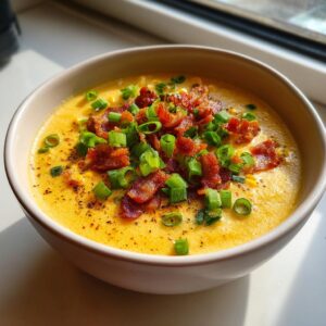 Close-up of a bowl of creamy, yellow chicken corn chowder garnished generously with crispy bacon bits and fresh green onions.