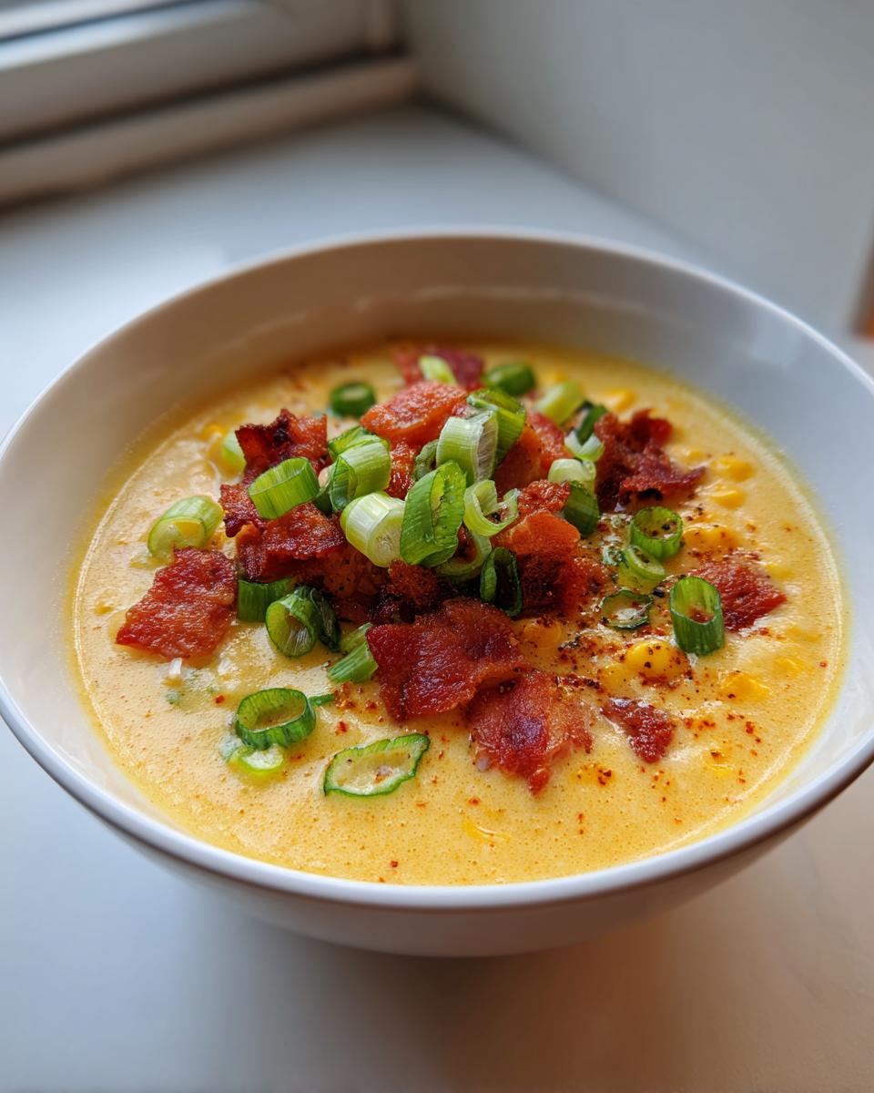 A close-up of a bowl of creamy chicken corn chowder topped generously with crispy bacon bits and sliced green onions.
