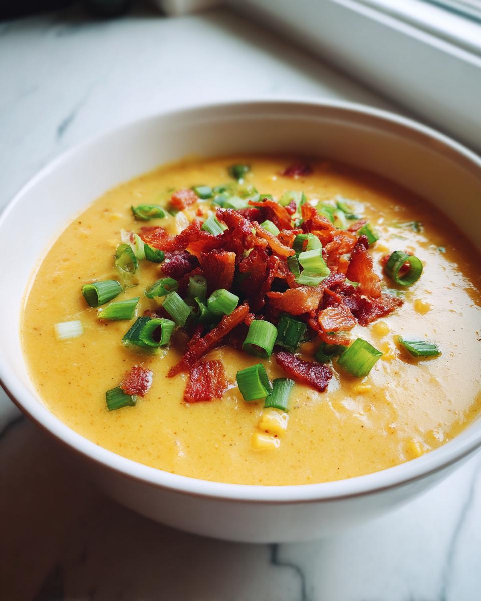 Close-up of a bowl of creamy, yellow chicken corn chowder topped generously with crispy bacon bits and fresh green onions.