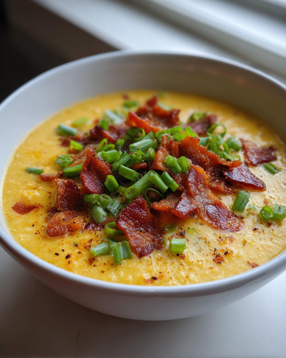 A close-up of creamy chicken corn chowder garnished generously with crispy bacon pieces and chopped green onions.
