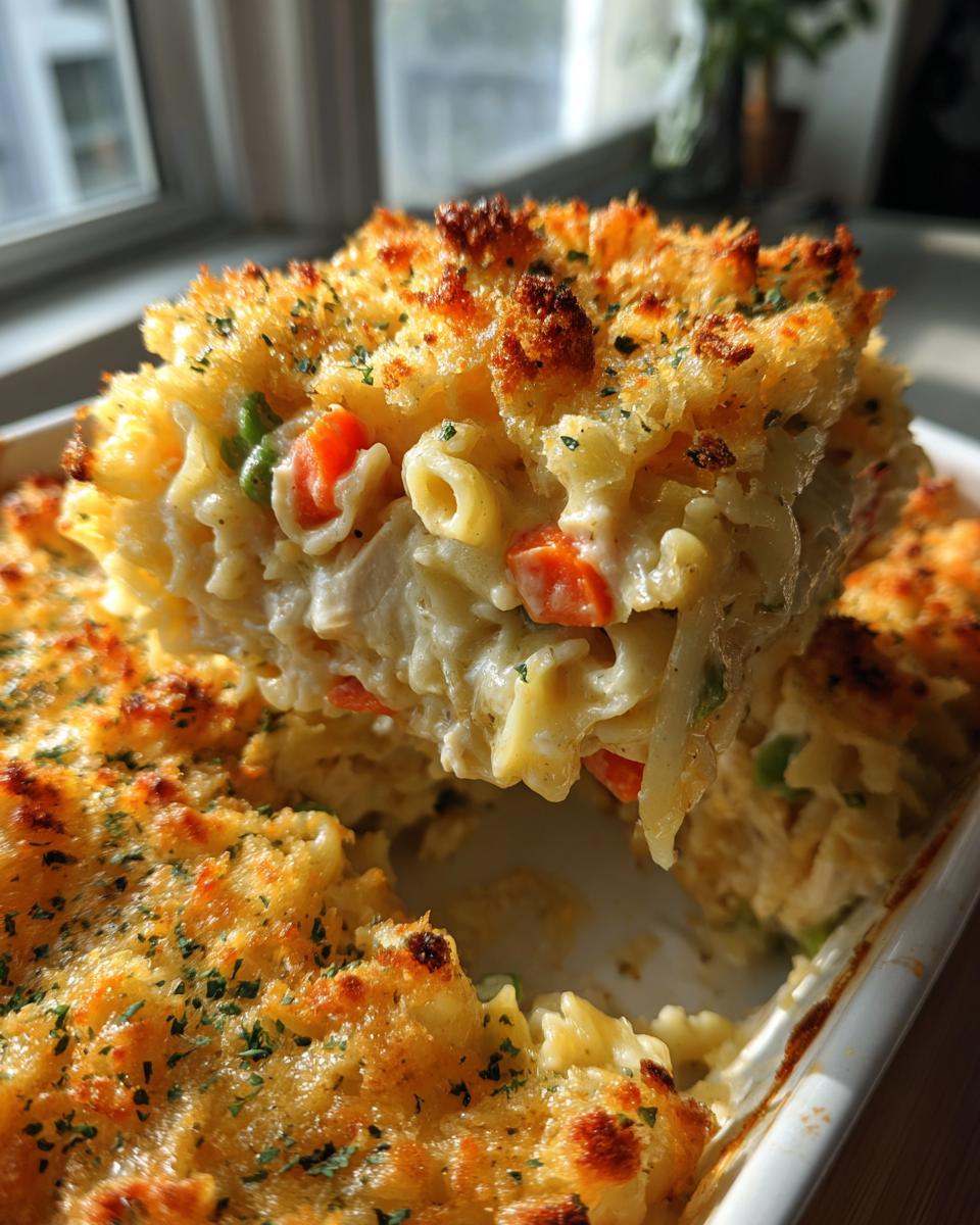 A scoop of creamy chicken noodle casserole lifted from a white baking dish, showing a crispy, golden breadcrumb topping.