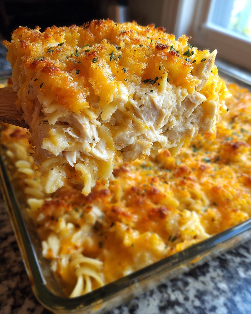 A wooden spoon lifts a generous scoop of creamy chicken noodle casserole, showing shredded chicken and pasta under a golden, cheesy, crispy topping.