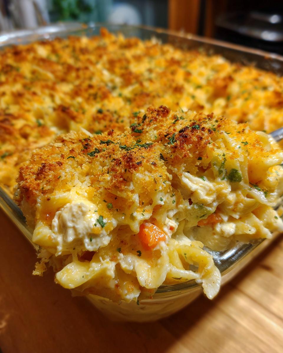 A spoonful of creamy chicken noodle casserole lifted from a glass baking dish, showing a golden breadcrumb topping.