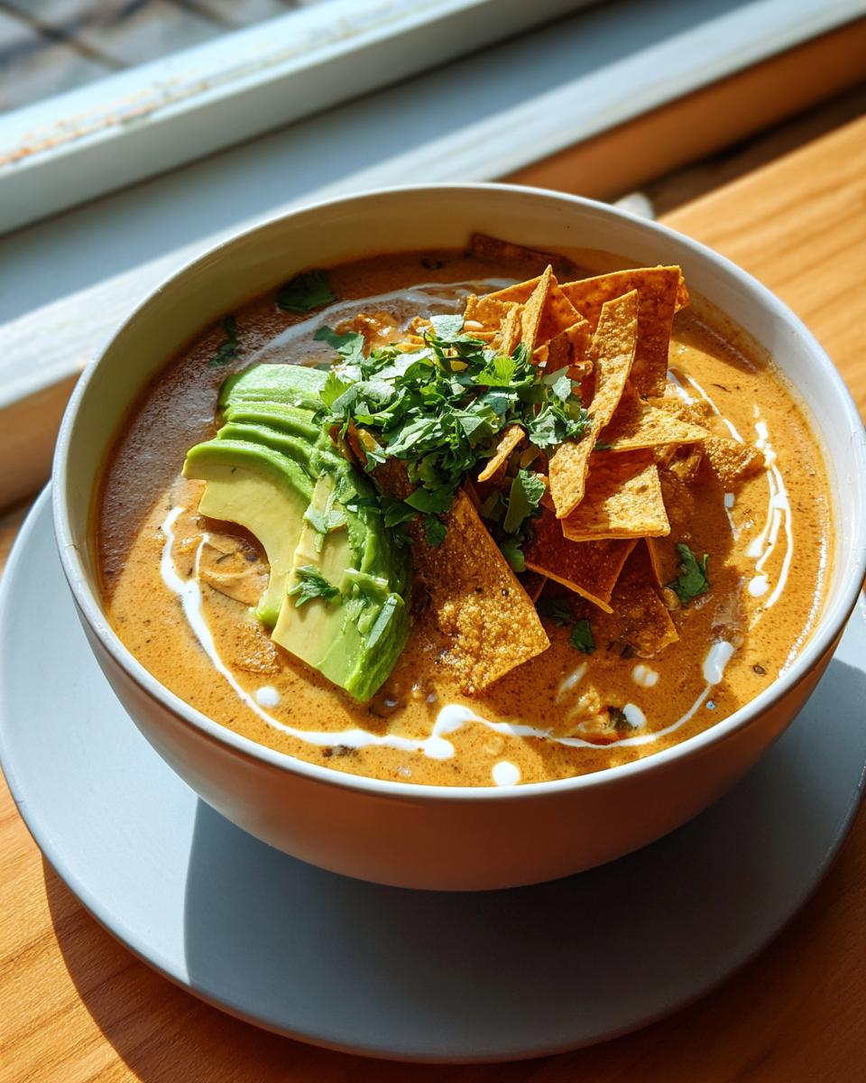 A close-up of a bowl of rich, creamy chicken tortilla soup topped with sliced avocado, cilantro, and tortilla strips.