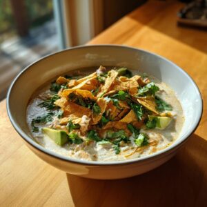 A close-up of creamy chicken tortilla soup topped generously with crispy tortilla strips, fresh cilantro, and avocado slices.