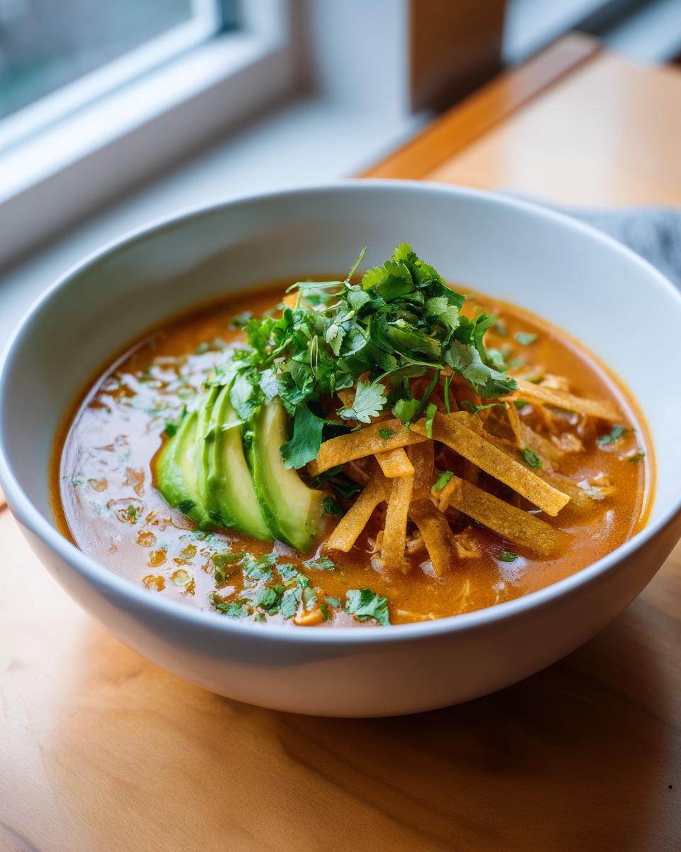 Close-up of a white bowl filled with creamy chicken tortilla soup, topped with avocado slices, tortilla strips, and fresh cilantro.