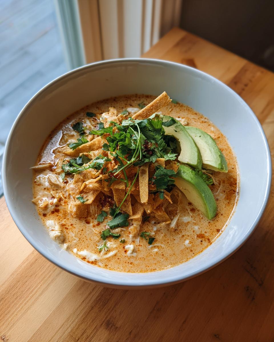 A close-up overhead shot of creamy chicken tortilla soup topped with avocado slices, cilantro, and tortilla strips.