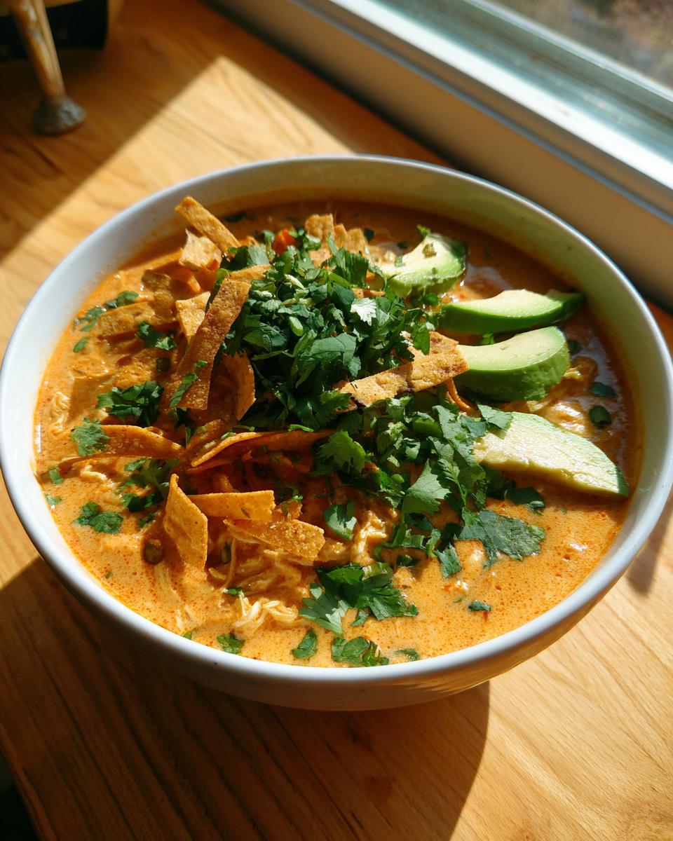 A close-up of a bowl of creamy chicken tortilla soup topped with cilantro, tortilla strips, and avocado slices.
