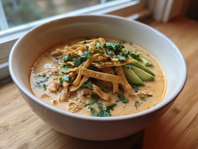 A white bowl filled with rich, creamy chicken tortilla soup topped with crispy tortilla strips, cilantro, and sliced avocado.