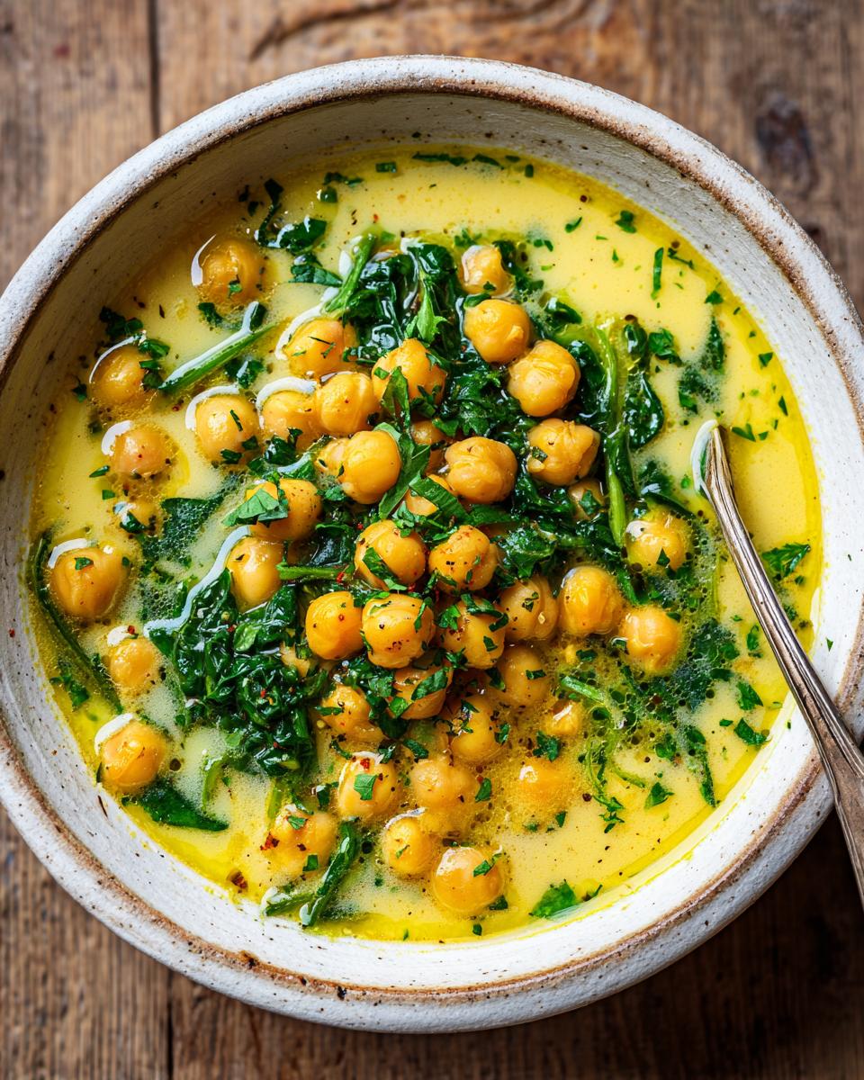 Overhead view of a bowl of creamy, yellow chickpea soup loaded with whole chickpeas and wilted spinach, garnished with herbs.