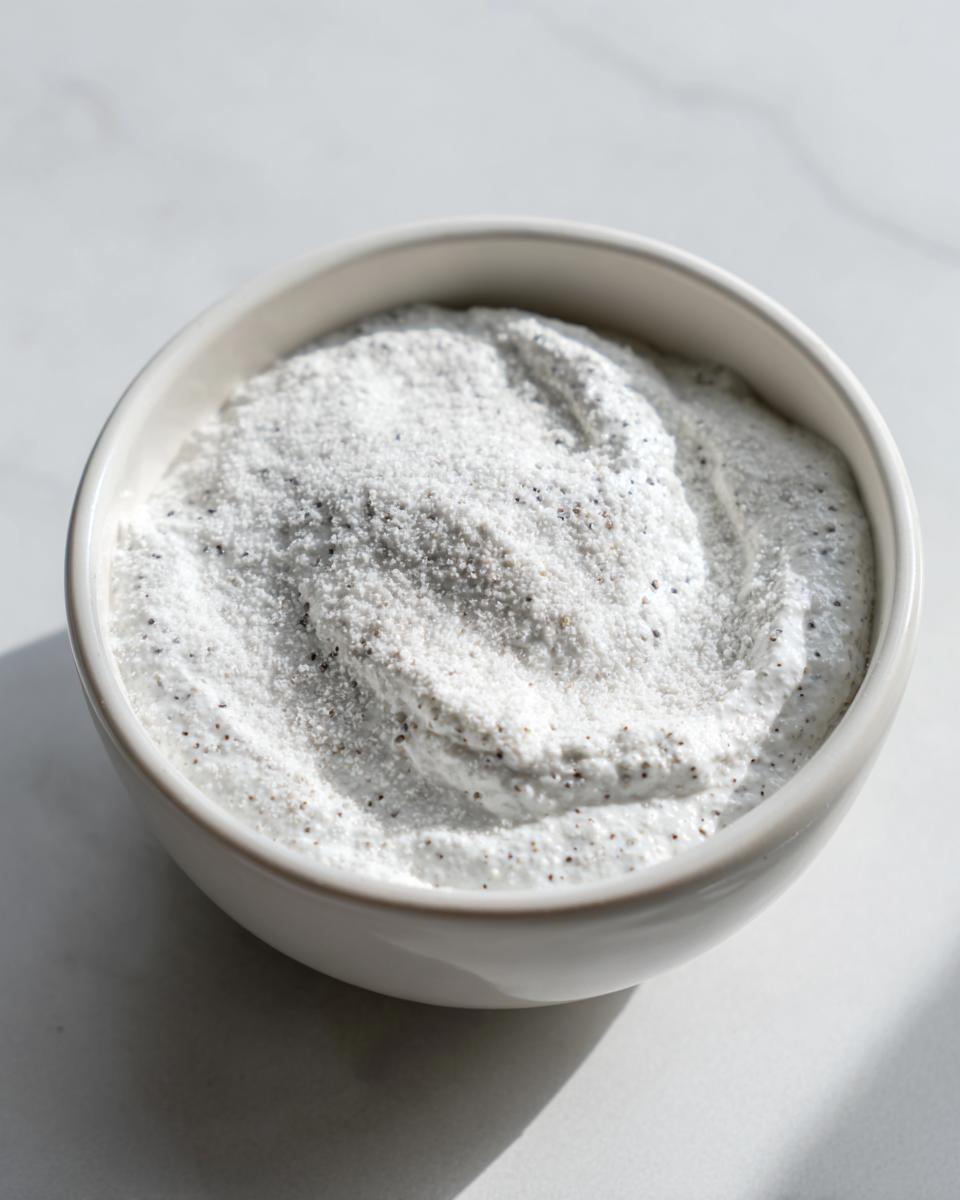 Close-up of creamy white coconut chia pudding texture in a small white bowl, showing visible chia seeds.