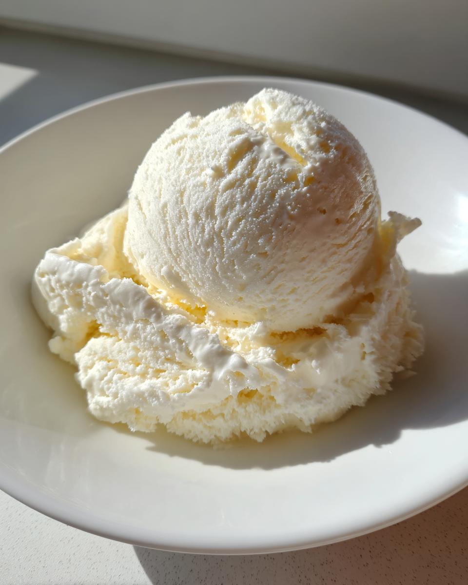 A perfect scoop of creamy white cottage cheese ice cream served in a white bowl, brightly lit.