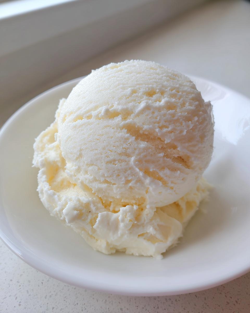 A perfect scoop of creamy, white cottage cheese ice cream served in a small white bowl.
