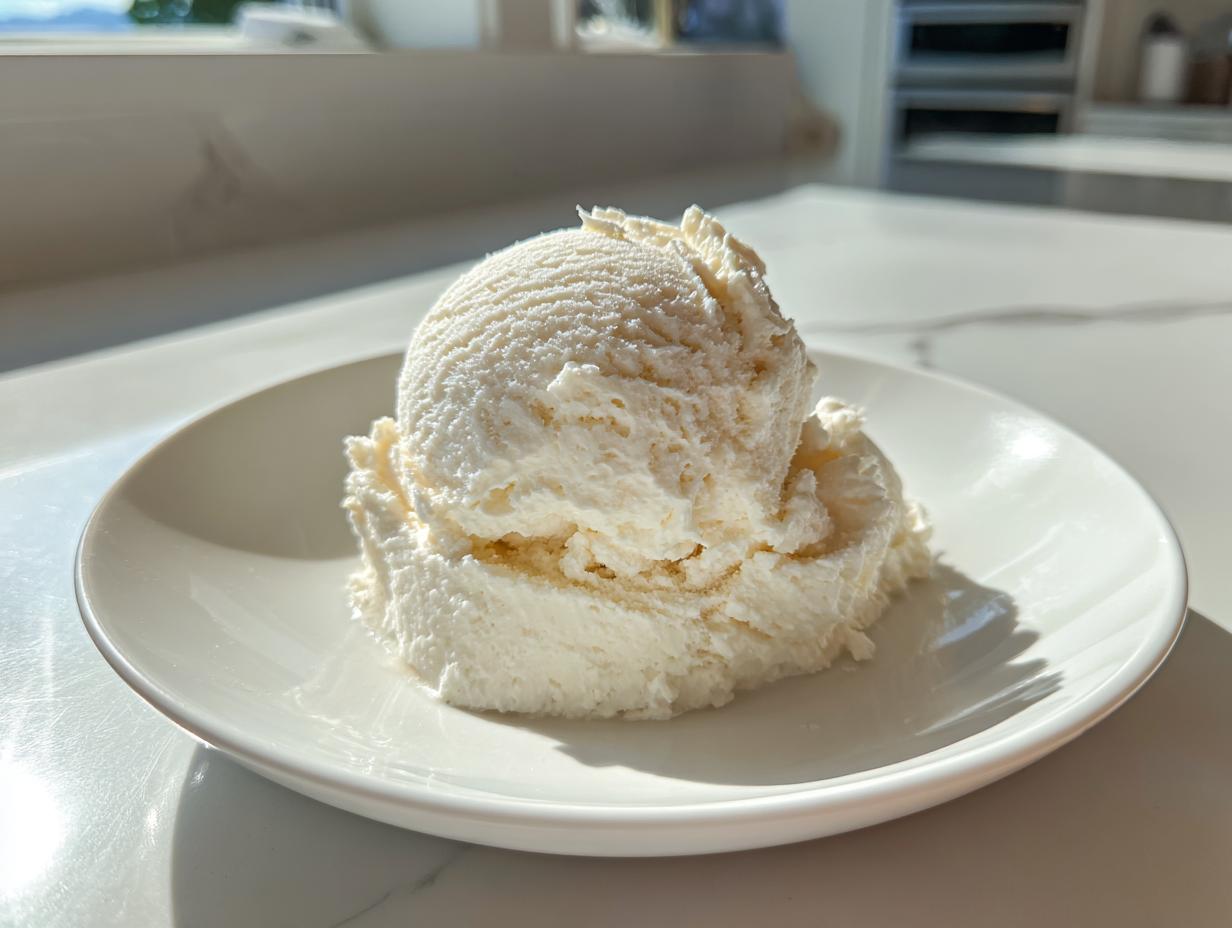 A perfect scoop of creamy white cottage cheese ice cream served on a small white plate.
