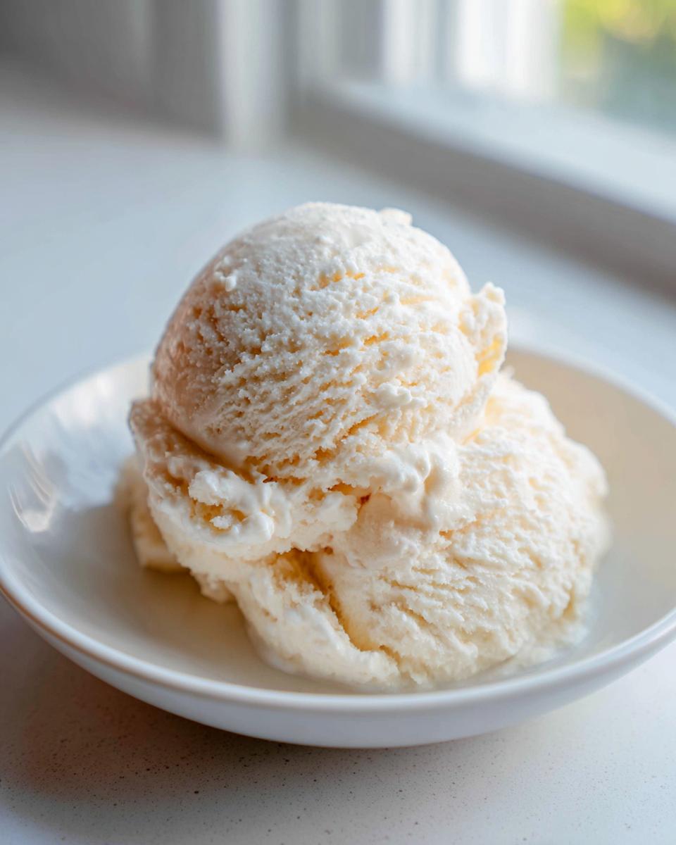 Two scoops of creamy, pale yellow cottage cheese ice cream served in a small white bowl near a bright window.