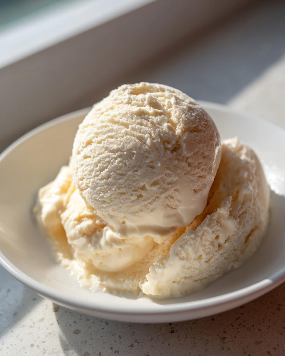 Close-up of three scoops of creamy, pale yellow cottage cheese ice cream melting slightly in a white bowl.
