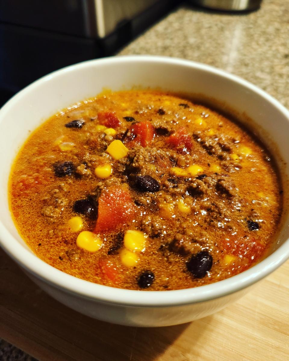 Close-up of a white bowl filled with rich, creamy cowboy soup containing ground beef, black beans, corn, and tomatoes.