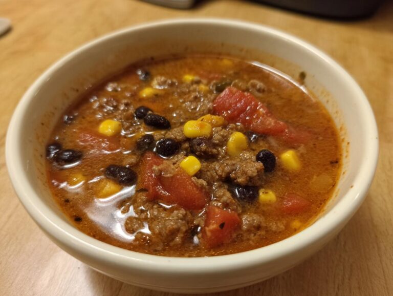 A close-up of a creamy cowboy soup in a white bowl, featuring ground beef, black beans, corn, and diced tomatoes.