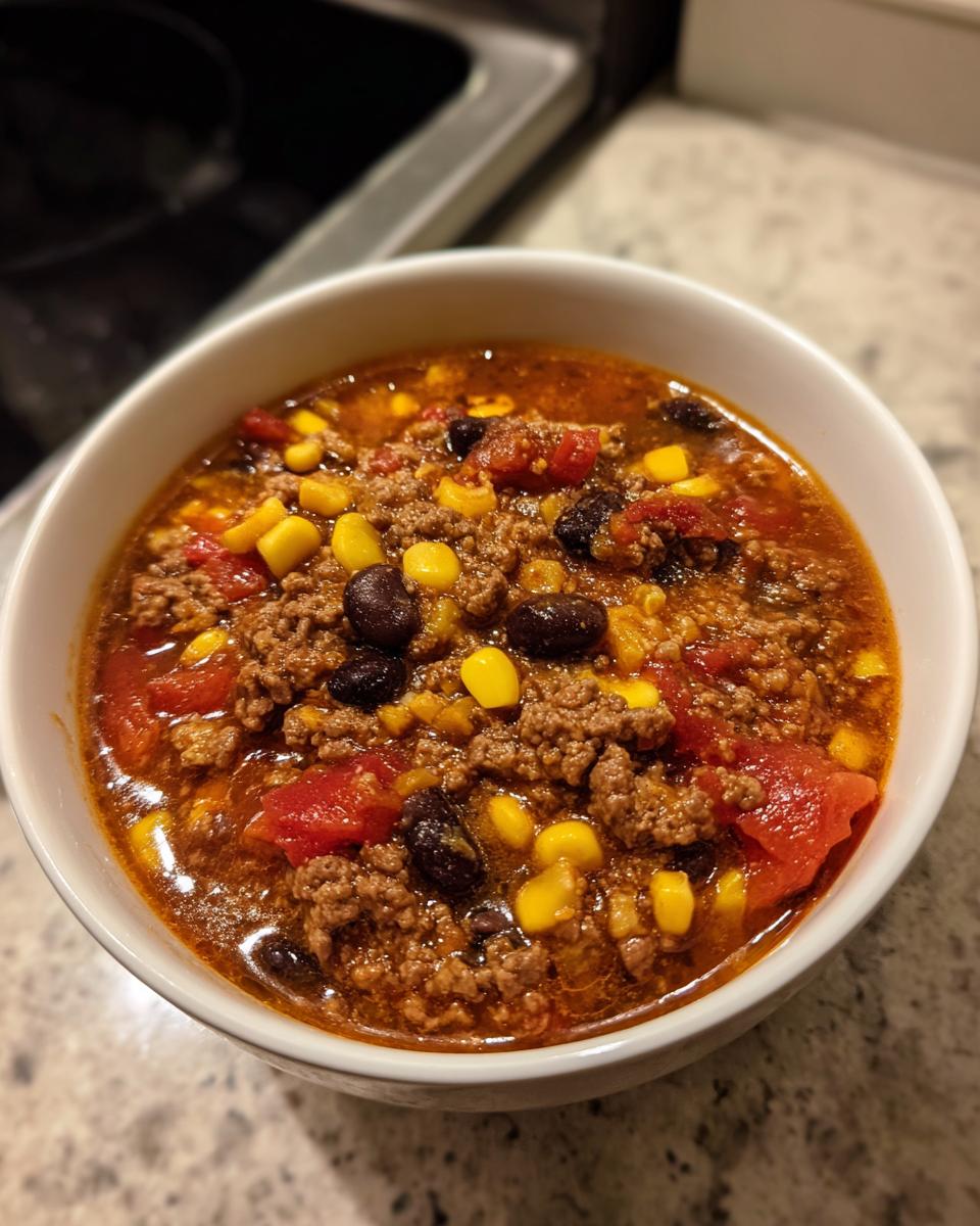 A close-up of a white bowl filled with rich, hearty cowboy soup featuring ground beef, black beans, corn, and tomatoes.