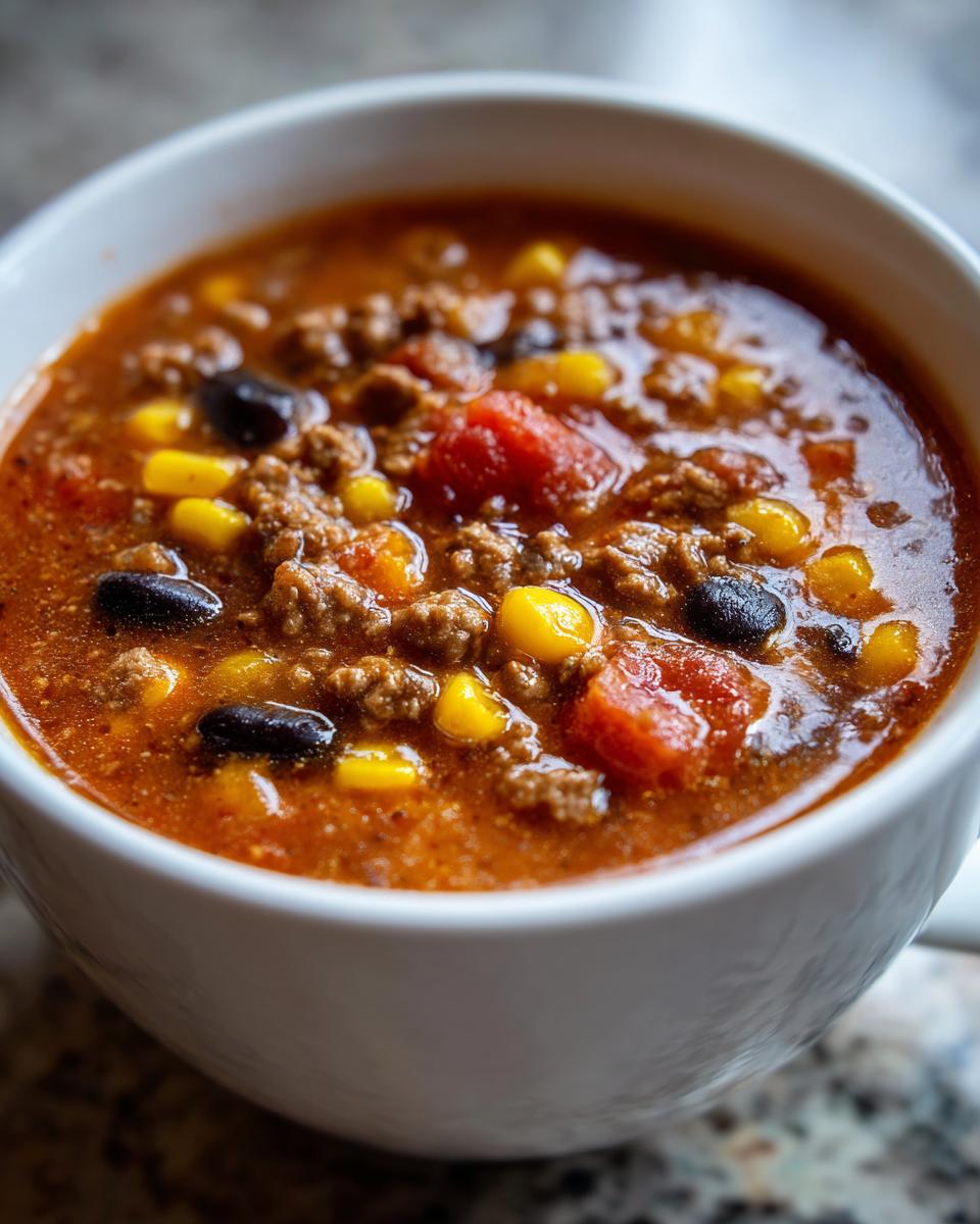 Close-up of a steaming bowl of creamy cowboy soup, rich with ground beef, corn, black beans, and tomatoes.