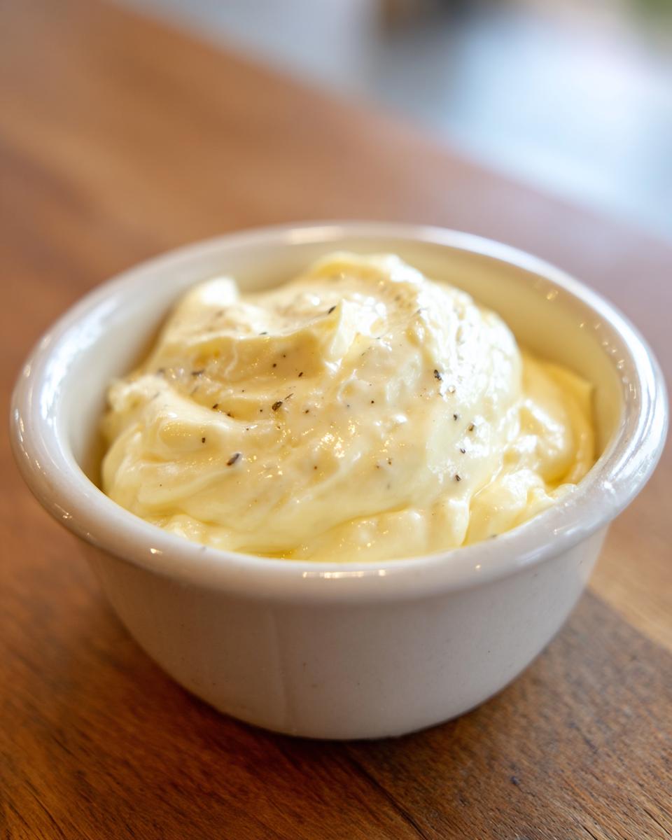 A close-up of rich, creamy garlic aioli, lightly seasoned with pepper, served in a small white dipping bowl.