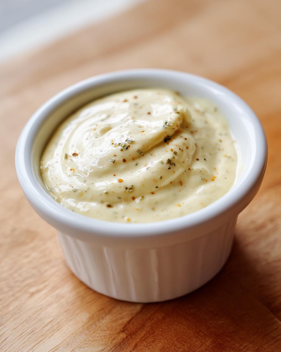 A close-up of rich, creamy homemade garlic aioli seasoned with herbs and spices in a small white ramekin.