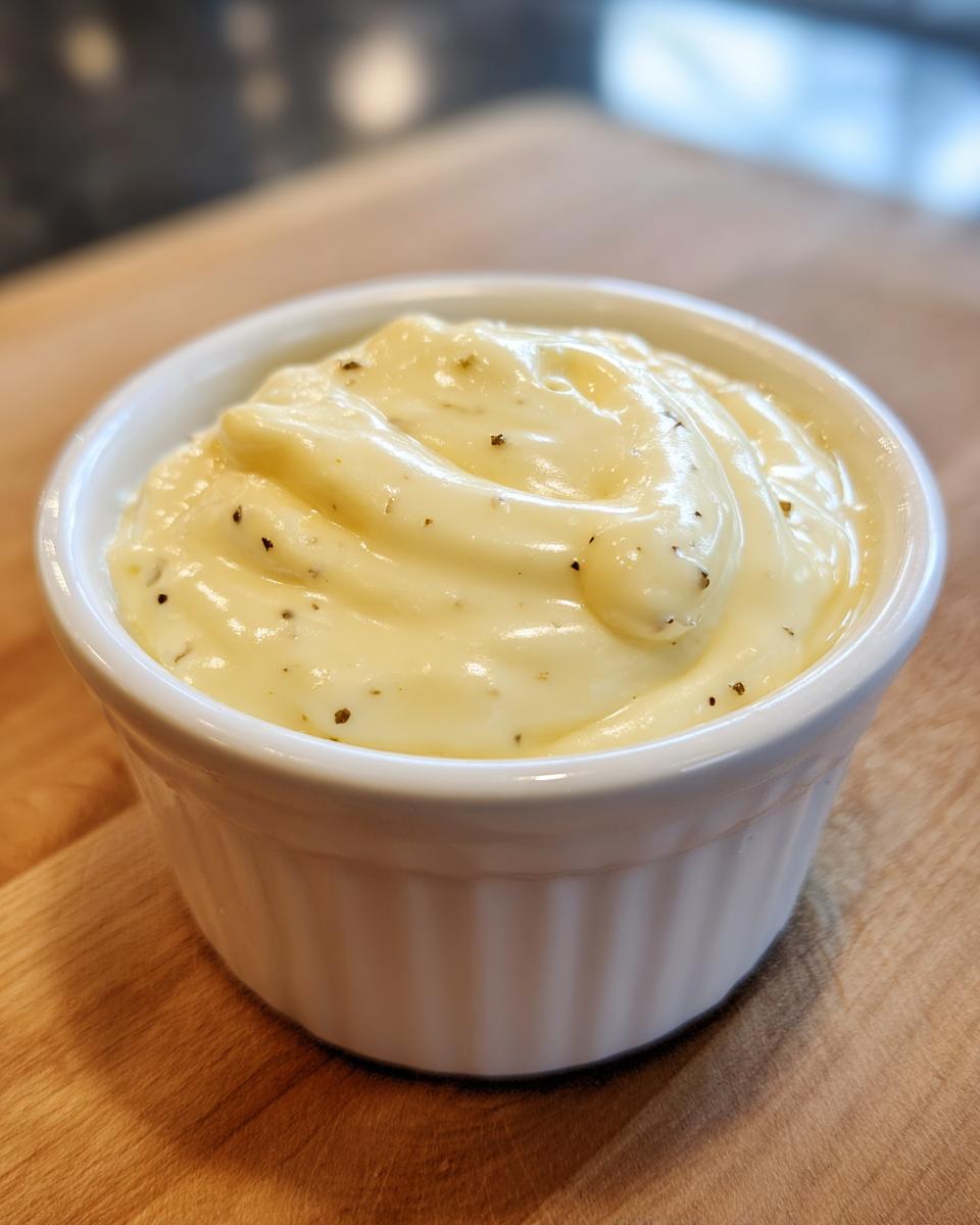A close-up of creamy, pale yellow homemade garlic aioli speckled with herbs in a small white ramekin.
