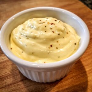 A close-up of thick, creamy homemade garlic aioli seasoned with pepper flakes in a small white bowl.